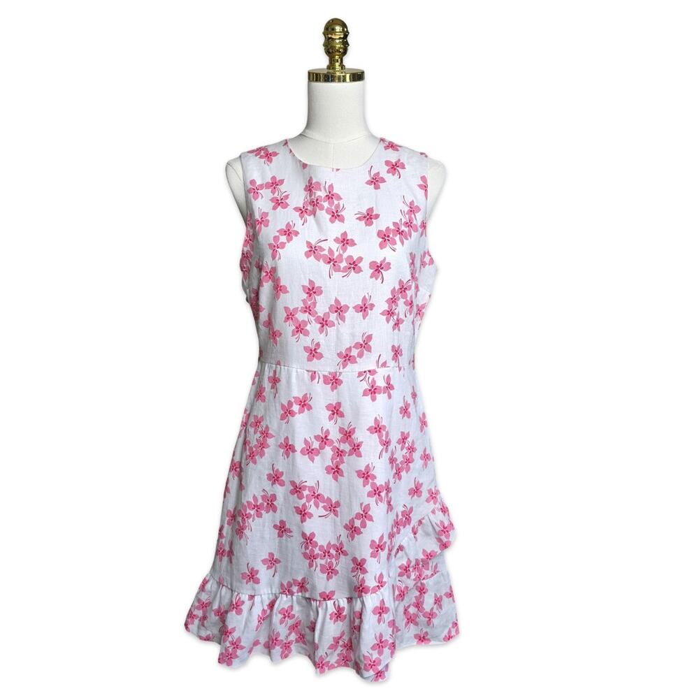Draper James Linen Dress Womens 6 Pink Floral Sleeveless Fit Flare‎ Ruffle Hem